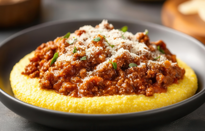 Fotografia mostra um angu cremoso, coberta com carne moída bem temperada e queijo mussarela por cima.