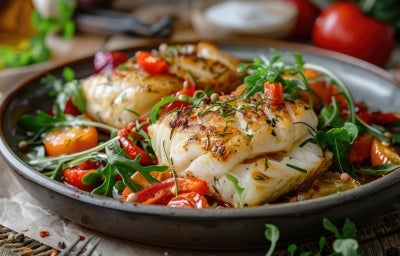 Em cima de uma mesa, frigideira com postas de bacalhau com tomate cereja e pimentões, decorado com folhas verdes.