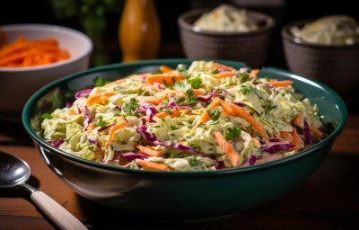 Em cima de uma mesa, tigela com salada de maionese cremosa e colorida com cenouras raladas e repolho roxo ralado, decoradas com folhas de cheiro-verde. Em cima de uma mesa, tigela com salada de maionese cremosa e colorida com cenouras raladas e repolho roxo ralado, decoradas com folhas de cheiro-verde.