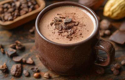 Fotografia de uma xícara marrom sobre uma mesa de madeira escura com pedaços de chocolate e cafés espalhados ao redor da xícara. Dentro da xícara tem chocolate quente cremoso com raspas de cacau por cima.
