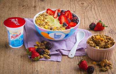 Fotografia em tons de lilás em uma bancada de madeira clara, um bowl colorido com o iogurte de abacate com frutas vermelhas e granola decorando. Ao lado, um potinho com granola e frutas espalhadas na bancada.