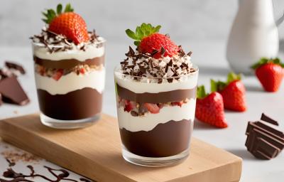 Fotografia de dois copos grandes de vidro com uma sobremesa cremosa de creme de prestígio, chocolate e alguns morangos. O copo por cima tem alguns prestígios quebrados e morango. Os copos estão em uma tábua retangular de madeira.