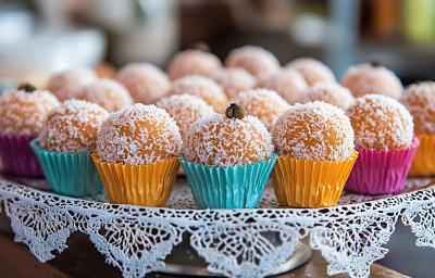 Fotografia de um apoio decorativo branco com beijinhos enrolados no coco e dentro de várias forminas coloridas. Fotografia de um apoio decorativo branco com beijinhos enrolados no coco e dentro de várias forminas coloridas.