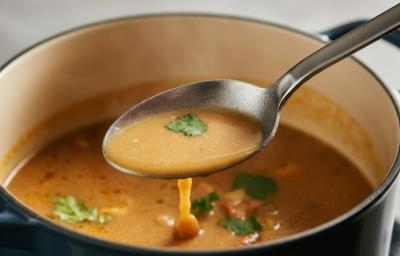 Fotografia de uma panela média de cor escura com a parte de dentro branca. Dentro da panela tem uma receita de caldo de ovo com algumas folhas de coentro. Sobre a panela tem uma colher de sopa carregando um pouco de caldo.
