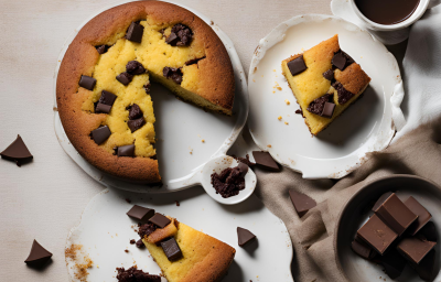 Fotografia mostra uma mesa posta com um bolo de fubá com pedaços chocolate. Fotografia mostra uma mesa posta com um bolo de fubá com pedaços chocolate.