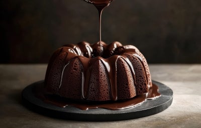 Bolo de chocolate bundt em um prato escuro, sendo coberto com um molho de chocolate brilhante. O fundo desfocado destaca o bolo, que apresenta uma textura densa e úmida, criando uma apresentação apetitosa. Bolo de chocolate bundt em um prato escuro, sendo coberto com um molho de chocolate brilhante. O fundo desfocado destaca o bolo, que apresenta uma textura densa e úmida, criando uma apresentação apetitosa.