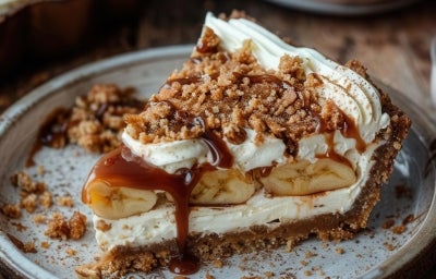 Em cima de uma mesa, fatia de banoffee com massa de biscoitos crocante, chantilly cremoso, bananas em rodelas, decorado com chantilly e nozes picadas.