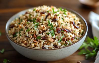 Fotografia em tons de cinza com um pote cinza ao centro. Dentro do prato existe uma receita de arroz natalino com castanhas e frutas secas