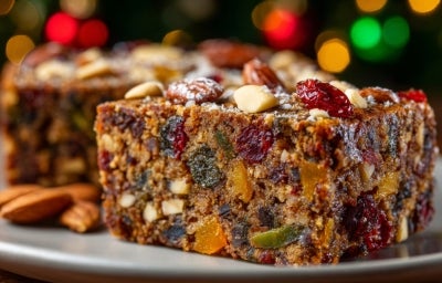 Fotografia de uma fatia de bolo de frutas, repleta de frutas secas coloridas e nozes, com um toque de açúcar em pó. O fundo apresenta luzes festivas em vermelho, verde e dourado, criando um ambiente natalino.
