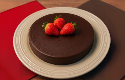 Fotografia em tons de vermelho com um prato branco ao centro. Em cima do prato existe uma receita de torta de chocolate de 3 ingredientes Fotografia em tons de vermelho com um prato branco ao centro. Em cima do prato existe uma receita de torta de chocolate de 3 ingredientes