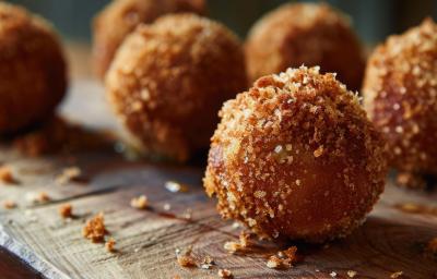 Fotografia em tons de marrom e caramelo com uma tábua ao centro. Em cima da tábua existe 6 pequenas bolinhas empanadas em uma farinha crocante e tostadas Fotografia em tons de marrom e caramelo com uma tábua ao centro. Em cima da tábua existe 6 pequenas bolinhas empanadas em uma farinha crocante e tostadas