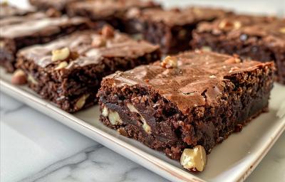 Fotografia de vários pedaços de brownie com castanha com avelã sobre um apoio retangular branco, o qual está apoiado em uma mesa branca de mármore.