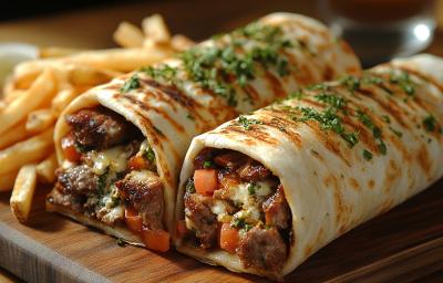 Fotografia em tons de marrom com uma tábua de madeira ao centro. Em cima da tábua existe uma receita de torrada de fajita recheada de carne e guacamole