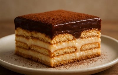 Fotografia que mostra um pedaço perfeito da torta alemã com camadas de biscoito e creme, com uma cobertura de chocolate em pó. O pedaço está sobre um prato pequeno e raso, de tom cinza claro, sobre uma mesa de madeira.