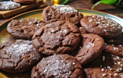 Em cima de uma mesa, prato com biscoitos de chocolate, polvilhados com açúcar de confeiteiro. Em cima de uma mesa, prato com biscoitos de chocolate, polvilhados com açúcar de confeiteiro.