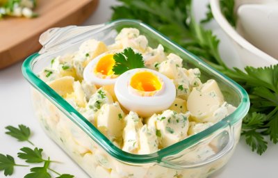 Foto da receita de batatonese de bacon servida em um refratário de vidro com batatas, maioneses, ovo cozido e cheiro verde, sobre uma mesa branca com folhas de cheiro verde como decoração