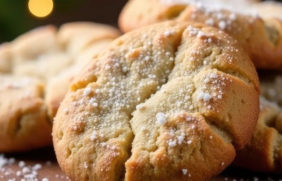 Em cima de uma mesa, biscoito crocante, polvilhado com açúcar de confeiteiro. Em cima de uma mesa, biscoito crocante, polvilhado com açúcar de confeiteiro.