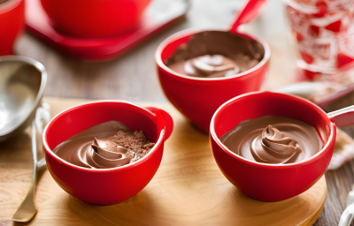 Fotografia em tons de vermelho com três potes vermelhos ao centro. Dentro de cada pote existe uma mousse de chocolate cremosa feita com NINHO Primeira Infância