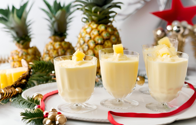 Receita de Delícia Gelada de Abacaxi, fácil e saborosa, feita com abacaxis em cubos, Leite MOÇA, NESTLÉ Creme de Leite e gelatina de abacaxi, servido em taças sobre uma mesa de natal Receita de Delícia Gelada de Abacaxi, fácil e saborosa, feita com abacaxis em cubos, Leite MOÇA, NESTLÉ Creme de Leite e gelatina de abacaxi, servido em taças sobre uma mesa de natal