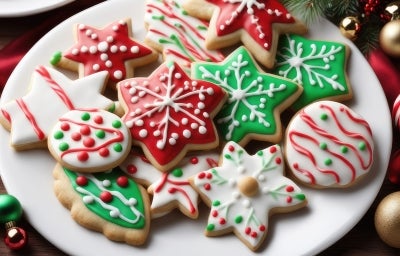 Em cima de uma mesa, prato branco com biscoitos em formato de estrelas e círculos, decorados com glacê colorido e confeitos coloridos. Em cima de uma mesa, prato branco com biscoitos em formato de estrelas e círculos, decorados com glacê colorido e confeitos coloridos.