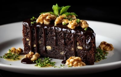 Bolo de chocolate escuro e úmido com nozes na massa, coberto por calda brilhante de chocolate meio amargo. Decorado com nozes inteiras e folhinhas de hortelã, servido de forma elegante em um prato branco.