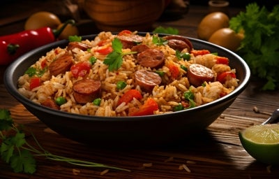 Em cima de uma mesa, prato de porcelana preta com arroz soltinho, calabresa cortada em rodelas, pimentão vermelho picado em cubinhos e ervilhas.