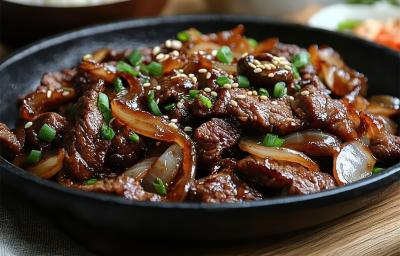 Fotografia de uma receita de Bulgogi dentro de uma frigideira preta de ferro que está sobre uma mesa de madeira. Fotografia de uma receita de Bulgogi dentro de uma frigideira preta de ferro que está sobre uma mesa de madeira.