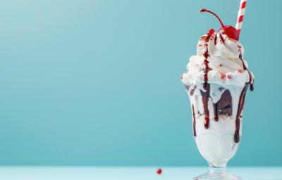 Fotografia de uma taça de vidro grande com soorvete de chocolate com chantilly e cerejas. O fundo da foto tem cor verde água.