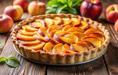 Fotografia de uma torta inteira de pêssego com fatias da fruta decorando todo o superior da sobremesa. A torta está sobre um apoio, o qual está sobre uma mesa de madeira, e ao redor tem várias maçãs e pêssegos inteiros. Fotografia de uma torta inteira de pêssego com fatias da fruta decorando todo o superior da sobremesa. A torta está sobre um apoio, o qual está sobre uma mesa de madeira, e ao redor tem várias maçãs e pêssegos inteiros.