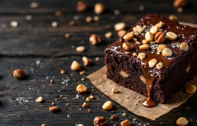 Fotografia de um bolo de chocolate coberto com uma cobertura brilhante e nozes, colocado sobre uma mesa de madeira rústica. Um fio de cobertura de chocolate escorre pelo lado.