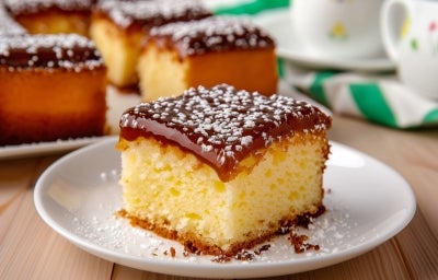 Fotografia de um pedaço de bolo quadrado com crosta dourada e interior amarelo, coberto com uma camada de chocolate brilhante e polvilhado com açúcar de confeiteiro.