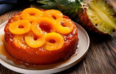 Fotografia de um bolo de abacaxi inteiro assado em forma redonda sem furo. Por cima do bolo tem caramelo e rodelas de abacaxi, e o bolo está apoiado em um prato raso grande de tom claro sobre uma mesa de madeira, ao lado de uma metade de abacaxi. Fotografia de um bolo de abacaxi inteiro assado em forma redonda sem furo. Por cima do bolo tem caramelo e rodelas de abacaxi, e o bolo está apoiado em um prato raso grande de tom claro sobre uma mesa de madeira, ao lado de uma metade de abacaxi.