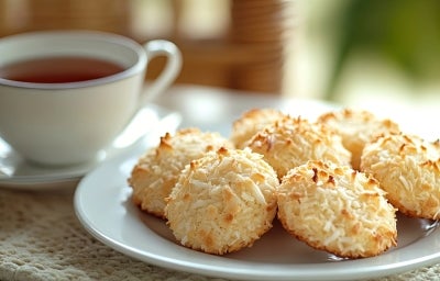 Em cima de uma mesa, prato redondo branco com biscoitos dourado com coco. Em cima de uma mesa, prato redondo branco com biscoitos dourado com coco.