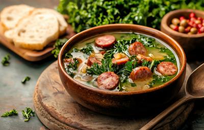 Fotografia de um recipiente fundo com caldo de aipim mais líquido com couve e calabresa. Ao lado tem uma colher de madeira, sobre uma tábua redonda de madeira.