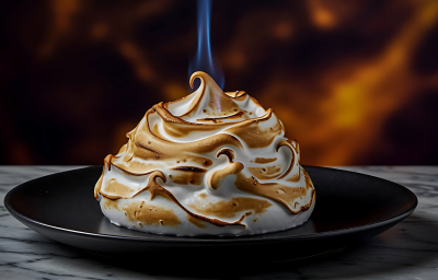 Baked Alaska de NINHO® com merengue maçaricado e chama azul sobre prato branco sofisticado