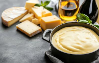 Fotografia de uma mini panela preta apoiada em um pano cinza, o qual está sobre uma mesa preta. Ao lado da panela tem alguns pedaços de queijos diferentes, azeite e folhas de manjericão espalhadas. Dentro da panela tem um molho de queijo. Fotografia de uma mini panela preta apoiada em um pano cinza, o qual está sobre uma mesa preta. Ao lado da panela tem alguns pedaços de queijos diferentes, azeite e folhas de manjericão espalhadas. Dentro da panela tem um molho de queijo.