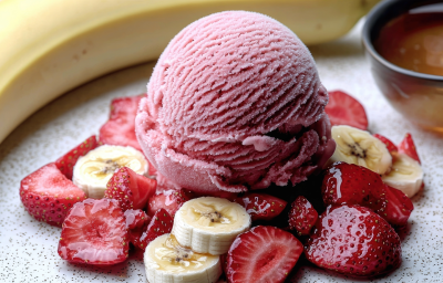 sobre um prato claro está uma bola de sorvete cor de rosa apoiado sobre uma cama de morangos e bananas fatiados. ao fundo, guarnecem o prato uma banana amarela inteira e um pote transparente com mel.