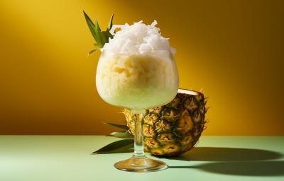 Fotografia de uma taça grande de vidro com gelado de abacaxi e coco, com lascas de coco por cima. A taça está perto de metade de um abacaxi cortado. Fotografia de uma taça grande de vidro com gelado de abacaxi e coco, com lascas de coco por cima. A taça está perto de metade de um abacaxi cortado.