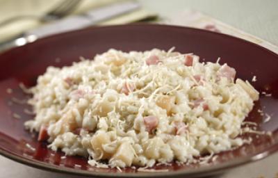 fotografia em tons de cinza e marrom de uma bancada cinza, contém um prato redondo marrom com o Risoto.