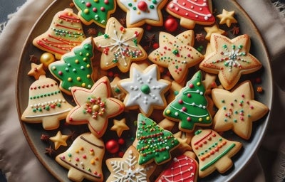 Em cima de uma mesa, prato com biscoitos em formato de estrelas, sinos e árvores de Natal, decorados com glacê colorido e confeitos coloridos de bolinhas verde e vermelho. Em cima de uma mesa, prato com biscoitos em formato de estrelas, sinos e árvores de Natal, decorados com glacê colorido e confeitos coloridos de bolinhas verde e vermelho.