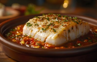 Em cima de uma mesa, refratário redondo com posta de bacalhau com molho de tomate, decorado com ervas.
