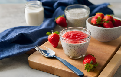 Fotografia de um recipiente pequeno de vidro com pudim de pera e chia e cobertura de morango. O recipiente está sobre uma tábua de madeira, do lado de outro recipiente pequeno e fundo com morangos inteiros. Ao lado tem alguns morangos e um garfo.