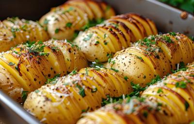 Fotografia de várias batatas gratinadas e cortadas em pequenas tiras dentro de um recipiente cobertas com queijo e folhas verdes Fotografia de várias batatas gratinadas e cortadas em pequenas tiras dentro de um recipiente cobertas com queijo e folhas verdes