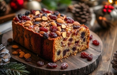 Fotografia de um bolo de frutas natalino, adornado com uma camada brilhante e coberto com nozes e frutas secas, rodeado por elementos festivos como pinhas e enfeites, evocando um clima aconchegante de celebração.