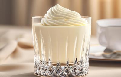 Fotografia de um copo de vidro com mousse de leite ninho e chantilly por cima. Fotografia de um copo de vidro com mousse de leite ninho e chantilly por cima.