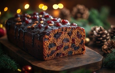 Fotografia de um bolo de frutas natalino, com cobertura de chocolate e decorado com amêndoas e uvas-passas, cercado por pinhas e ramos de pinheiro, transmitindo um clima festivo. Fotografia de um bolo de frutas natalino, com cobertura de chocolate e decorado com amêndoas e uvas-passas, cercado por pinhas e ramos de pinheiro, transmitindo um clima festivo.
