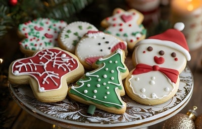 Em cima de uma mesa, prato com biscoitos formato de boneco de neve e árvore de Natal, decorado com glacê colorido e confeitos brancos.