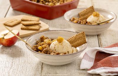 Fotografia em tons de marrom claro com um prato fundo ao centro. Dentro do prato existe um crumble feito com biscoito TOSTINES com maçã acompanhado de sorvete de creme. Fotografia em tons de marrom claro com um prato fundo ao centro. Dentro do prato existe um crumble feito com biscoito TOSTINES com maçã acompanhado de sorvete de creme.