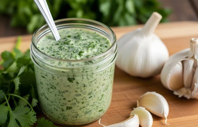 Fotografia mostra um pote transparente com uma maionese verde dentro. O pote está sobre uma tábua de madeira e ao lado tem cabeças de alho.