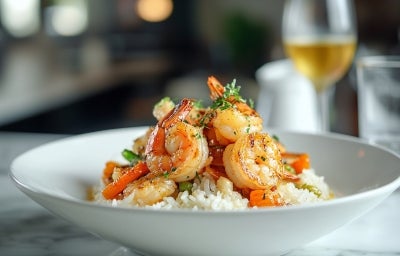 Prato redondo com arroz branco soltinho e camarões com legumes. Prato redondo com arroz branco soltinho e camarões com legumes.